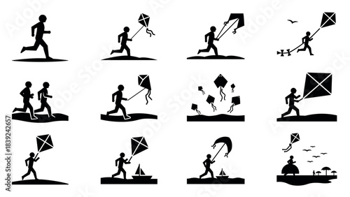 Silhouette collection of people flying kites in various outdoor scenes