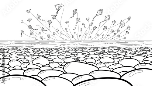 Playful kite scene over ocean waves and rocky shore in black and white line art