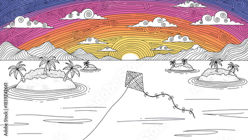 Hand drawn island sunset with vibrant sky and kite over calm ocean