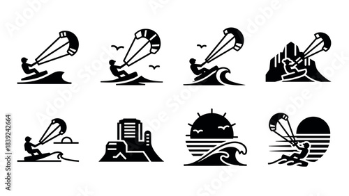 Kitesurfing icons: silhouette styles capture waves, sunsets, and mountain backdrops