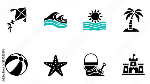 Summer beach icons: kite, waves, sun, palm tree, ball, starfish, bucket, castle