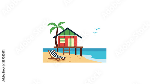 Tropical beach hut with palm trees and ocean view in flat design