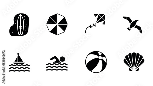 Summer beach fun minimal icons: surfboard, umbrella, kite, and more