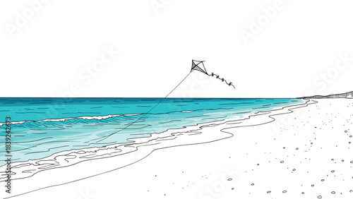 Minimalist beach scene with kite flying over waves and sandy shoreline