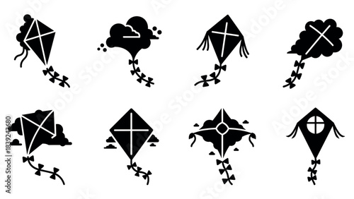 Silhouette kites with clouds and bows collection in black and white