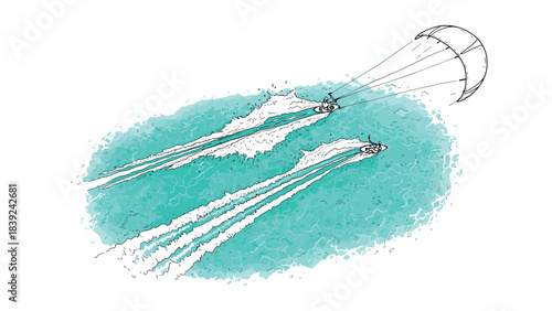Dynamic kite surfing adventure in turquoise waters captured in sketch style