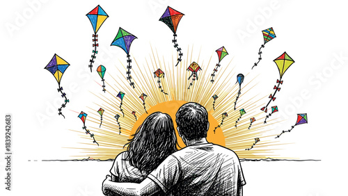 Colorful kites soaring above a couple watching the sunset in a hand-drawn artistic style