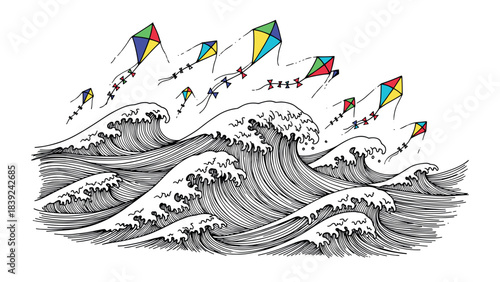 Colorful kites flying above dynamic ocean waves in ink art style