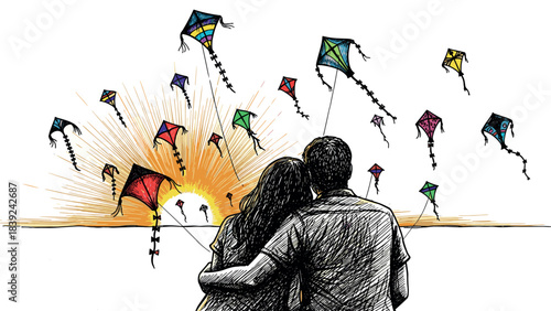 Couple watching colorful kites at sunset with dynamic pen sketch style