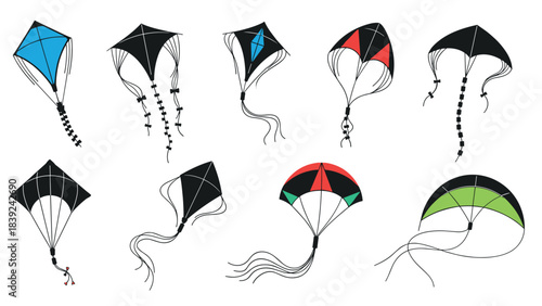 Colorful kites collection with classic and modern designs for outdoor fun