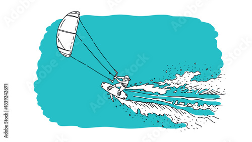 Dynamic kiteboarding adventure sketched against a turquoise backdrop