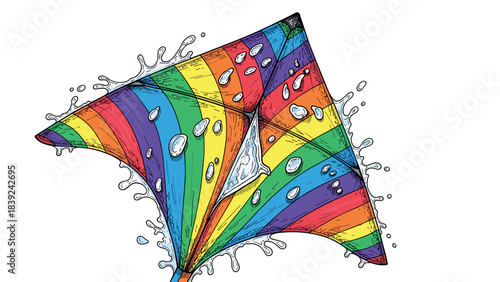 Vibrant rainbow kite with splashes of water and colorful stripes