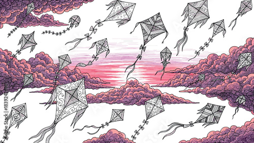 Surreal sky full of decorative kites flying through pink and purple sunset clouds