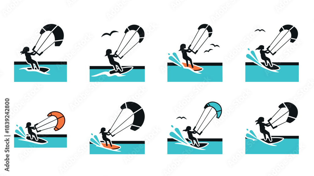 Obraz premium Kitesurfing silhouettes set: dynamic water sport icons with kite and surfboard