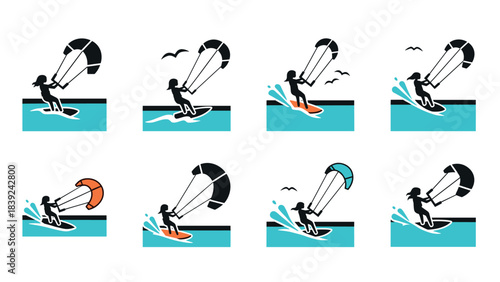 Kitesurfing silhouettes set: dynamic water sport icons with kite and surfboard