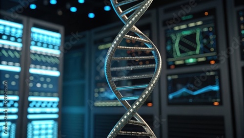 A digital representation of a DNA strand set against a high-tech background, symbolizing genetic research and biotechnology.