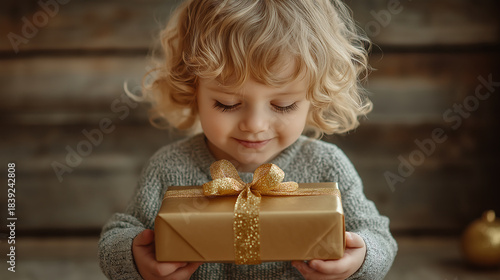 Happy toddler child holding a golden Christmas gift, celebrating holidays, eagerly anticipating unwrapping a special present, sharing joy and festive spirit