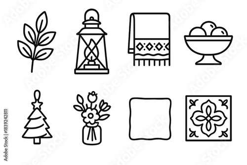 Seasonal Icons Collection. Year-round seasonal touches linear set: foliage stem, warm lantern, patterned cloth, display bowl, wood ornament, mini arrangement, soft textile square,