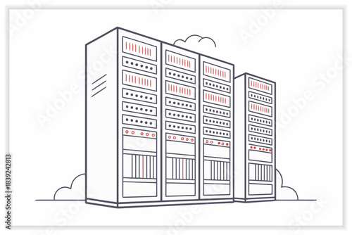 Modern Data Center Illustration Secure Cloud Server, Network Rack and Digital Infrastructure