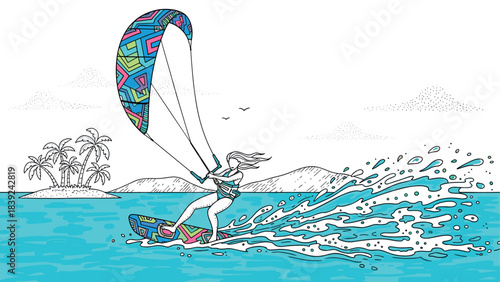 Colorful kiteboarding adventure with geometric patterns and tropical vibes