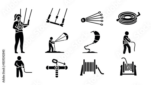Silhouette icons of kiteboarding and equipment for outdoor sports enthusiasts