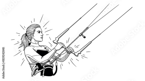Dynamic line art of female kite surfer in action with detailed equipment