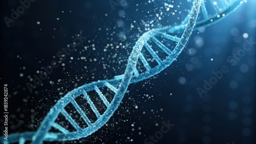 A stylized representation of a DNA double helix in blue tones, surrounded by sparkling particles, conveying a sense of scientific exploration and molecular biology.