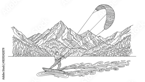 Intricate black and white kiteboarding in mountain lake landscape