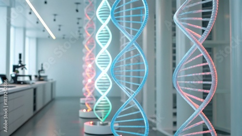 A modern laboratory features illuminated DNA sculptures, showcasing advanced biotechnology in a sleek, high-tech environment.