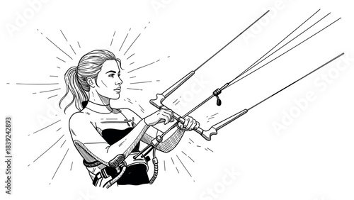 Woman kiteboarding with dynamic lines and energetic style