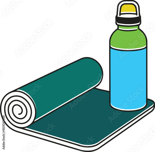 A rolled up green yoga mat and a blue and green water bottle are placed on a white background representing fitness and healthy lifestyle