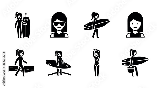 Silhouette icons of female surfers engaging in surfboard activities