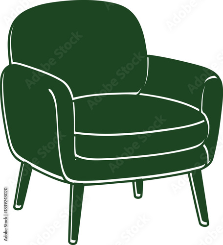 A simple modern deep green upholstered armchair with rounded arms and a comfortable seat featuring white piping and tapered wooden legs isolated on a white background