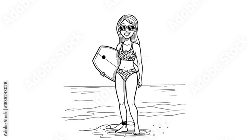 Happy woman in swimwear holding surfboard at the beach