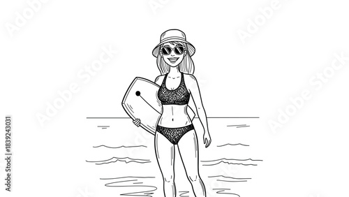 Hand drawn summer beach scene: woman with surfboard and hat in black and white