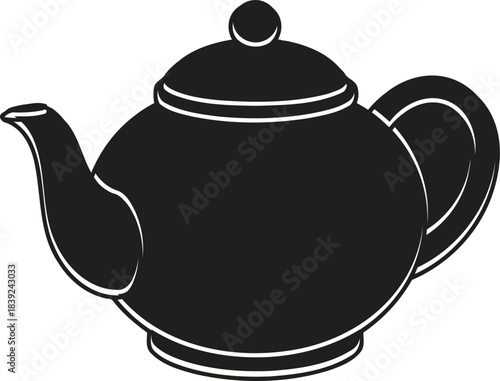 A classic black silhouette of a traditional teapot with a rounded body curved spout and a matching lid perfect for tea time or kitchen decor