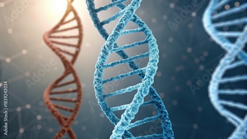 A close-up view of twisting DNA strands in blue and brown, symbolizing genetic structure and scientific exploration in a modern, digital style.