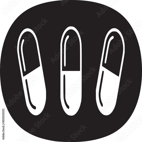 Three white capsule pills arranged on a black oval shape against a white background in a simple style