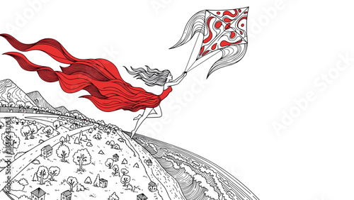 Red-caped woman flying with kite over scenic landscape in dynamic line art