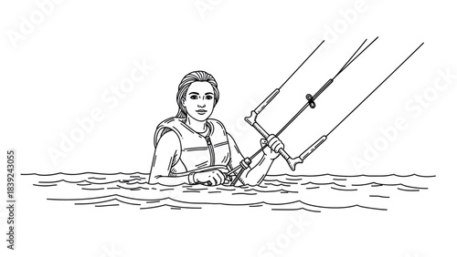 Kiteboarding adventure: woman in wetsuit holding lines while floating in water