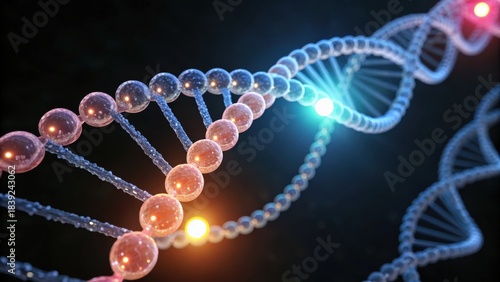 A vibrant representation of a DNA double helix, showcasing colorful nucleotides, emphasizing the beauty of genetic structure and molecular science.