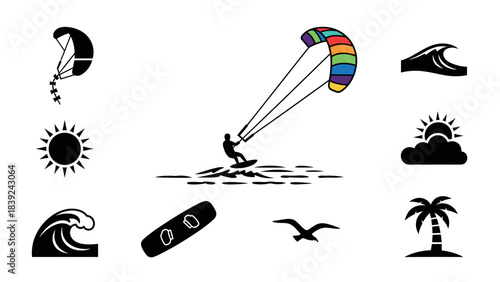Kitesurfing adventure: monochrome icons with colorful kite