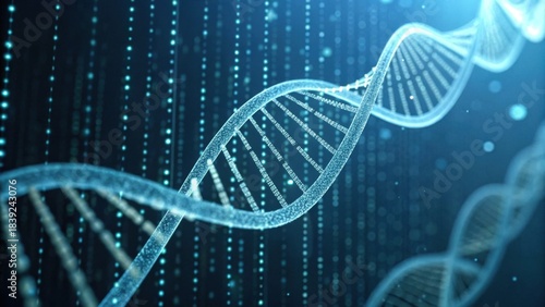 A close-up view of a DNA double helix against a dark blue background, featuring shimmering particles, illustrating the concept of genetics and molecular biology.