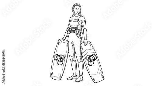 Confident kite surfer woman in wetsuit holding boards in black and white sketch