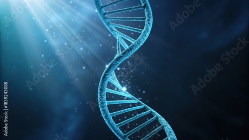 A striking 3D representation of a DNA double helix, illuminated by ethereal light, showcasing the beauty of genetic structures in a dark cosmic background.