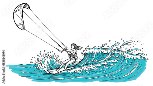 Dynamic kiteboarding scene with ocean waves in hand-drawn style