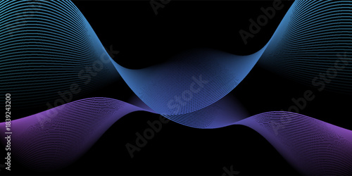 Abstract wave lines dynamic flowing colorful light isolated on black background. Vector illustration design element in concept of music, party, technology, modern.