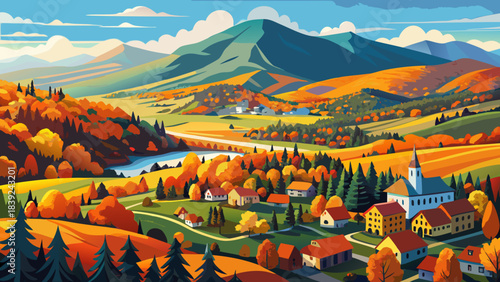 Very beautiful panoramic aerial view of Stowe, Vermont in fall, with vibrant forests, rolling mountains, and winding roads creating a captivating seasonal vista rich in harmony and color.