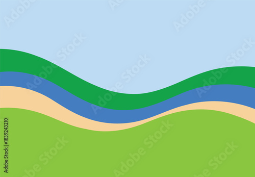 Abstract flowing landscape with gentle rolling hills of green grass a winding blue river and a sandy beige path under a clear pale blue sky
