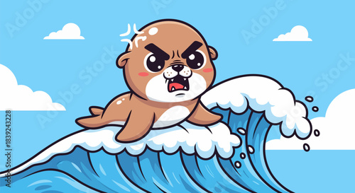 Angry otter riding a wave with a determined expression on its face.